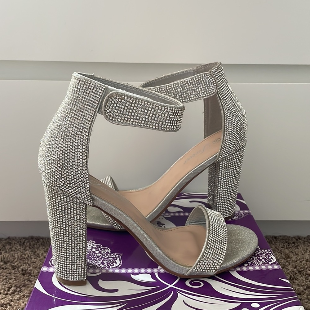 Silver Rhinestone Block Heels